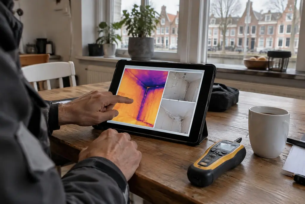 Lekdetectie Wijchen – lekdetectierapport met warmtebeelden en foto's op een tablet