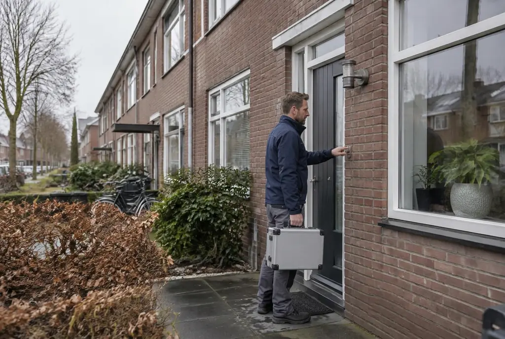 Lekdetectiespecialist met meetkoffer bij de voordeur van een woning in Wijchen